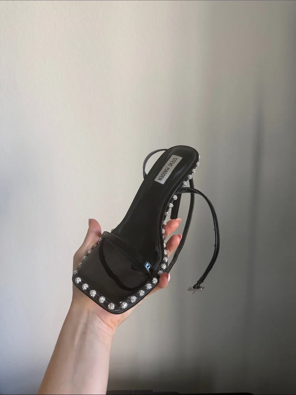 Steve Madden Black Patent Square-Toe Crystal Trim Sandal - Picture 1 of 3